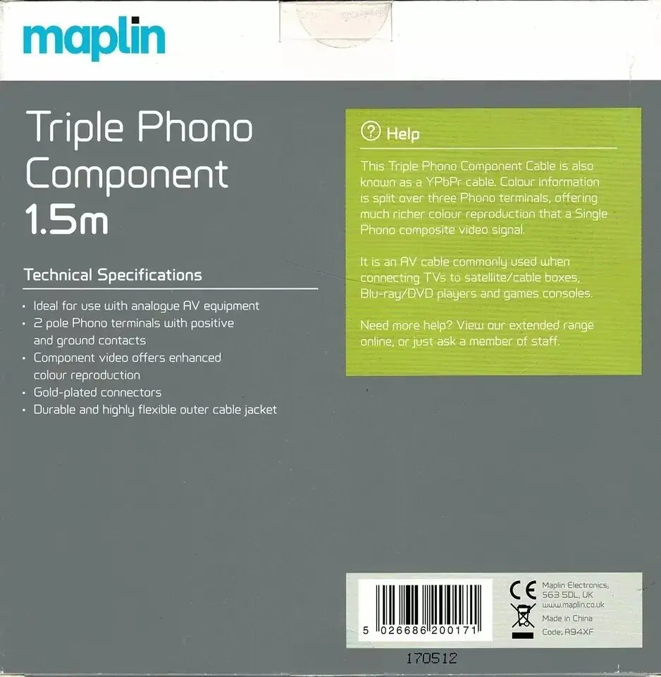 1.5m Maplin Triple Phono Component, Gold-plated Connectors - image 2 | Free standard UK delivery included | Discount Quality Products