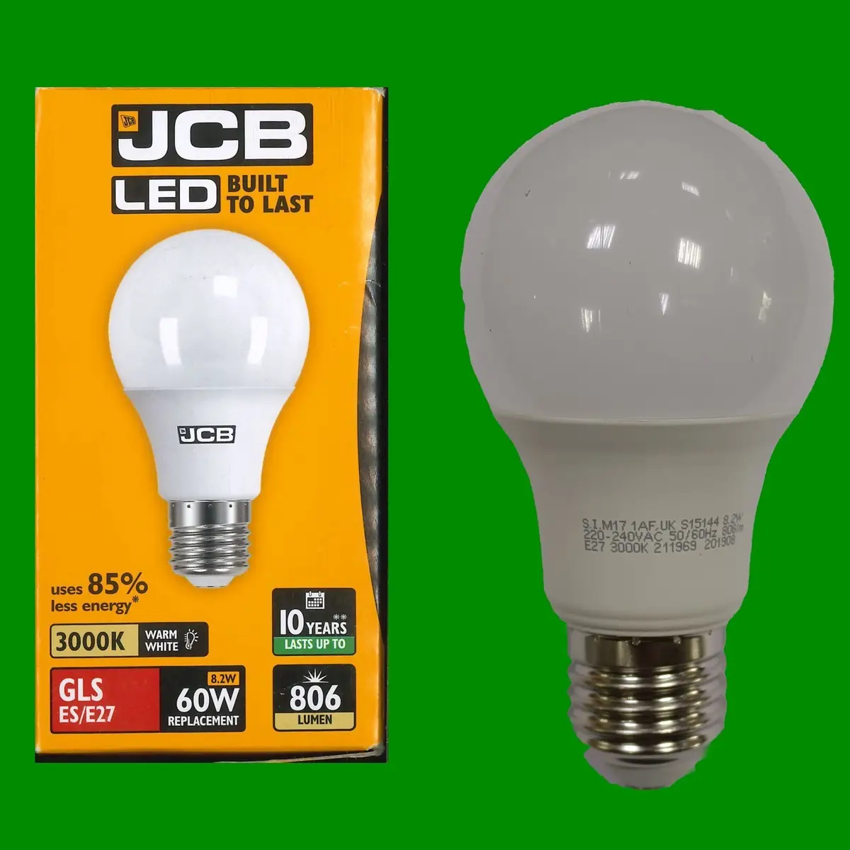 3x 8.2W (=60W) JCB LED GLS Globe Light Bulbs, 3000K ES E27 Edison Screw Lamp