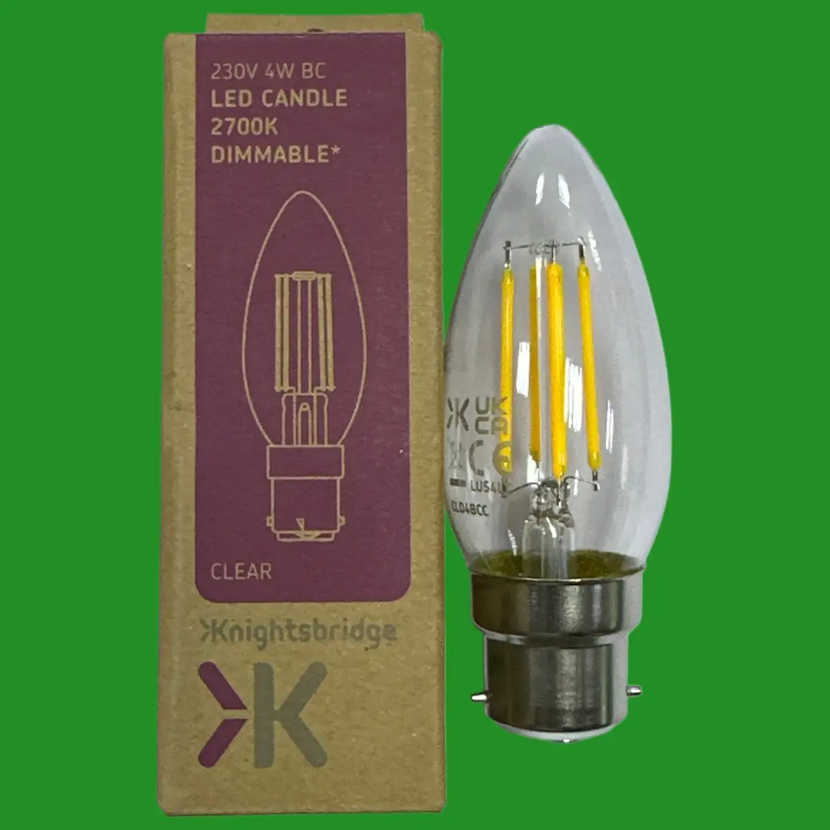4x 4W (=40W) Knightsbridge LED Dimmable Filament Clear Candle Light Bulb BC B22