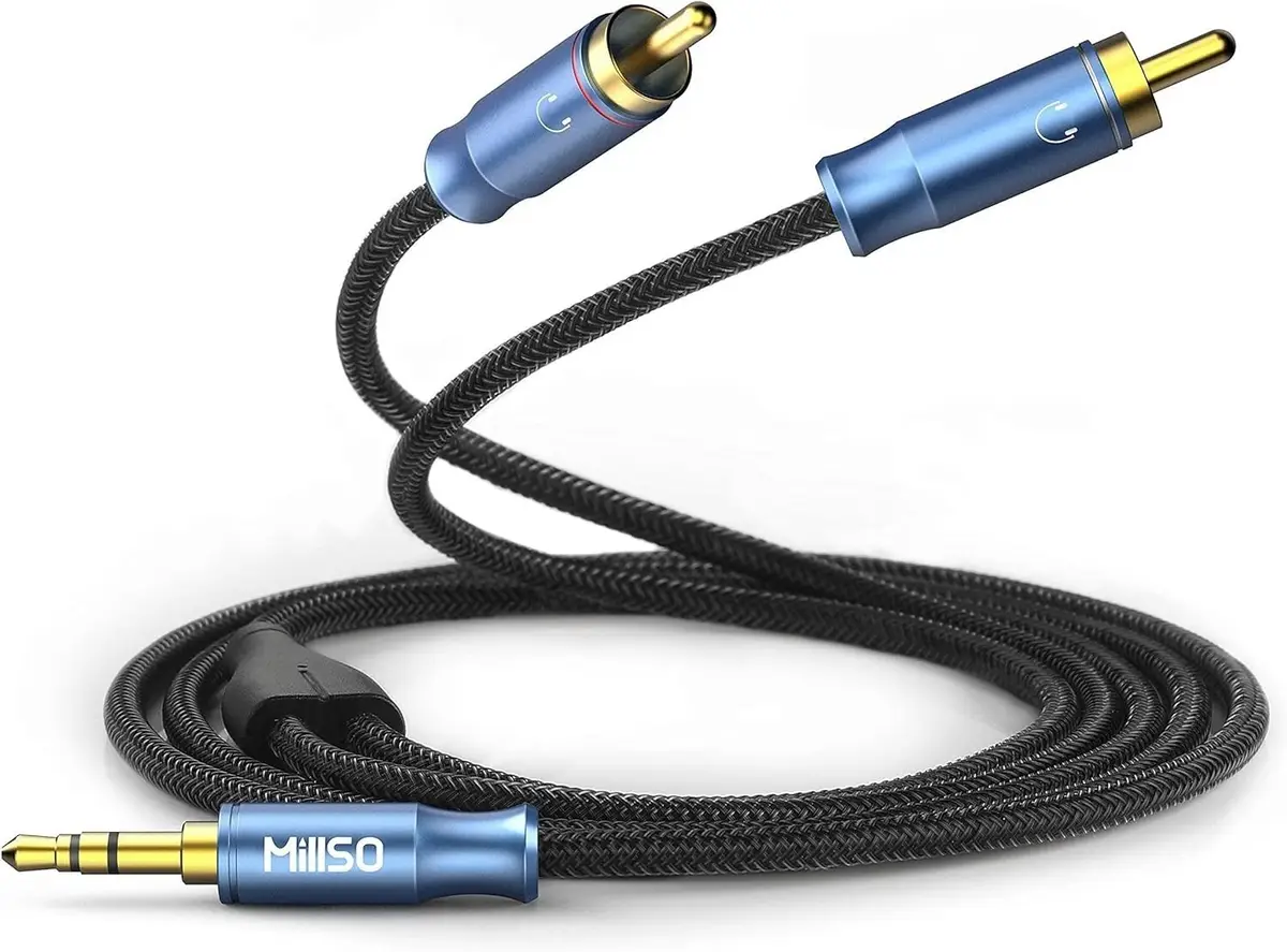2.4m (8ft) 3.5mm AUX to 2 Male RCA Phono Plug Gold Plated Stereo Audio Cable