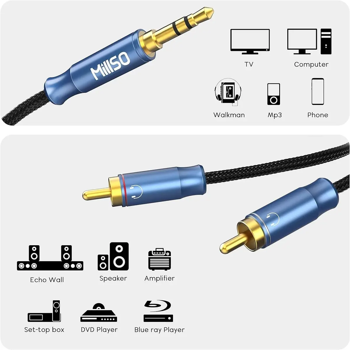 2.4m (8ft) 3.5mm AUX to 2 Male RCA Phono Plug Gold Plated Stereo Audio Cable - image 3 | Free standard UK delivery included | Discount Quality Products