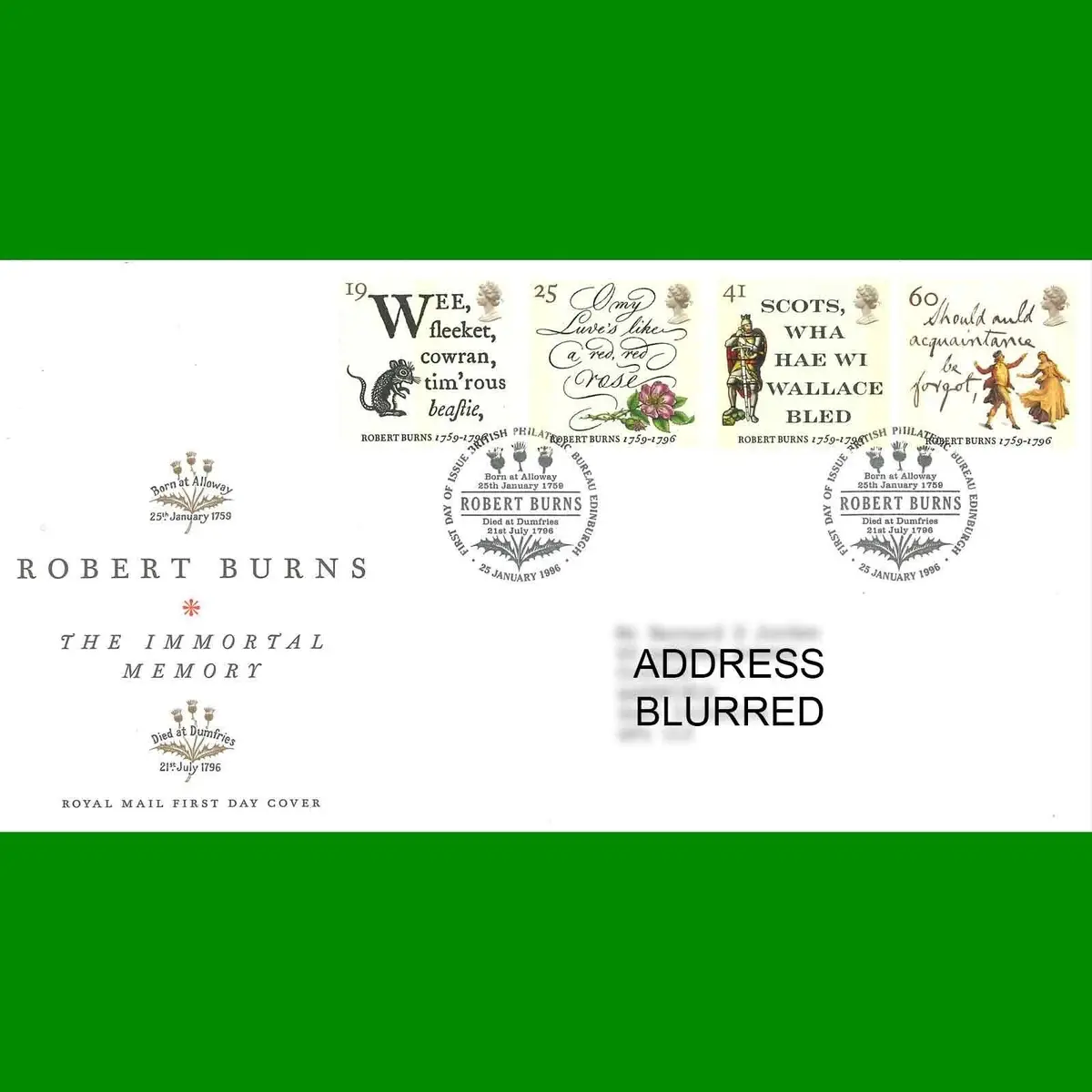 FDC Robert Burns Commemorative Royal Mail First Day Cover Stamps, 25.1.1996
