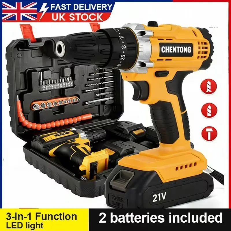 21V Brushless Cordless Hammer Drill Set – 3/8" Chuck Drill Driver, 2 Batteries