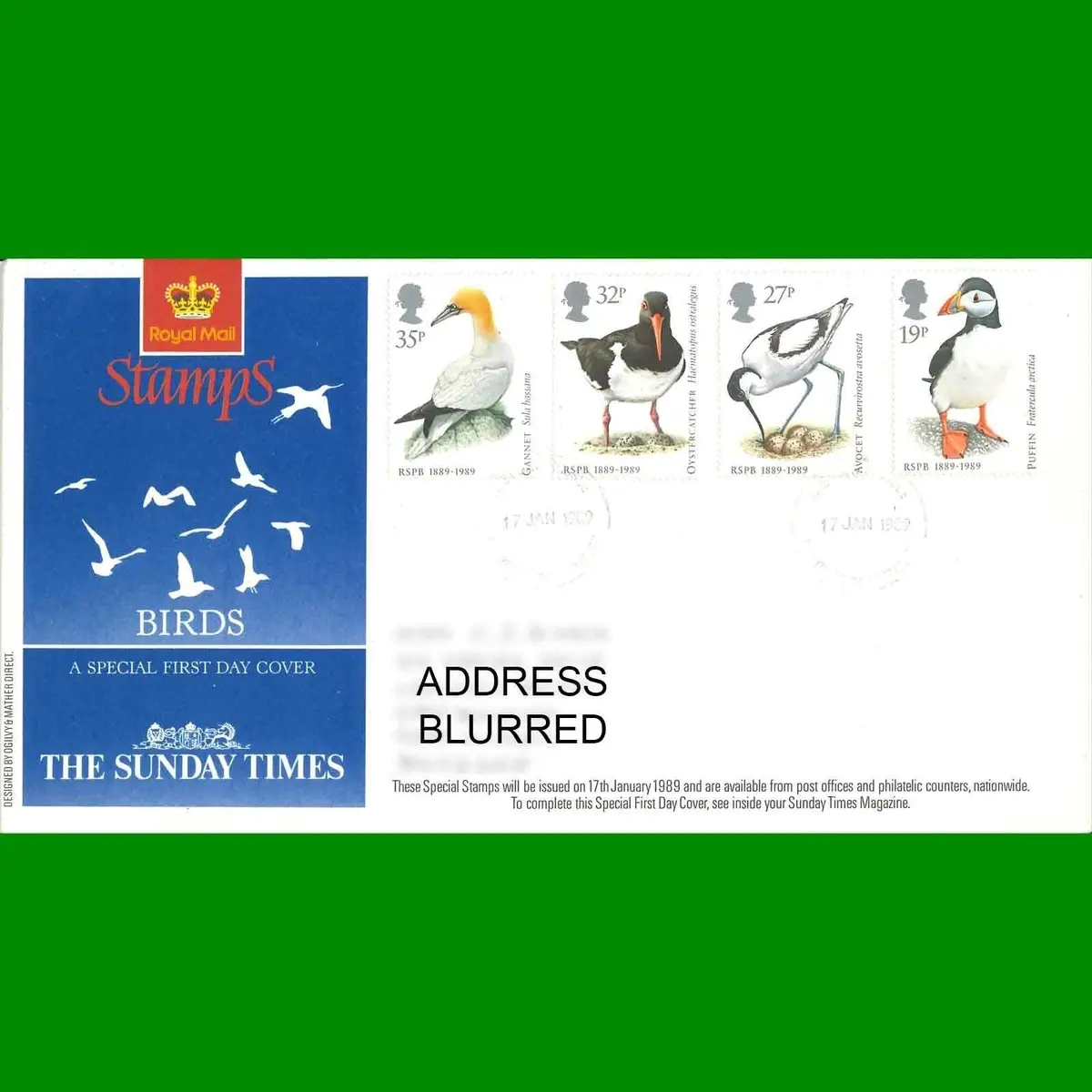 FDC Birds RSPB Royal Mail Sunday Times Special First Day Cover Stamps 17.1.1989