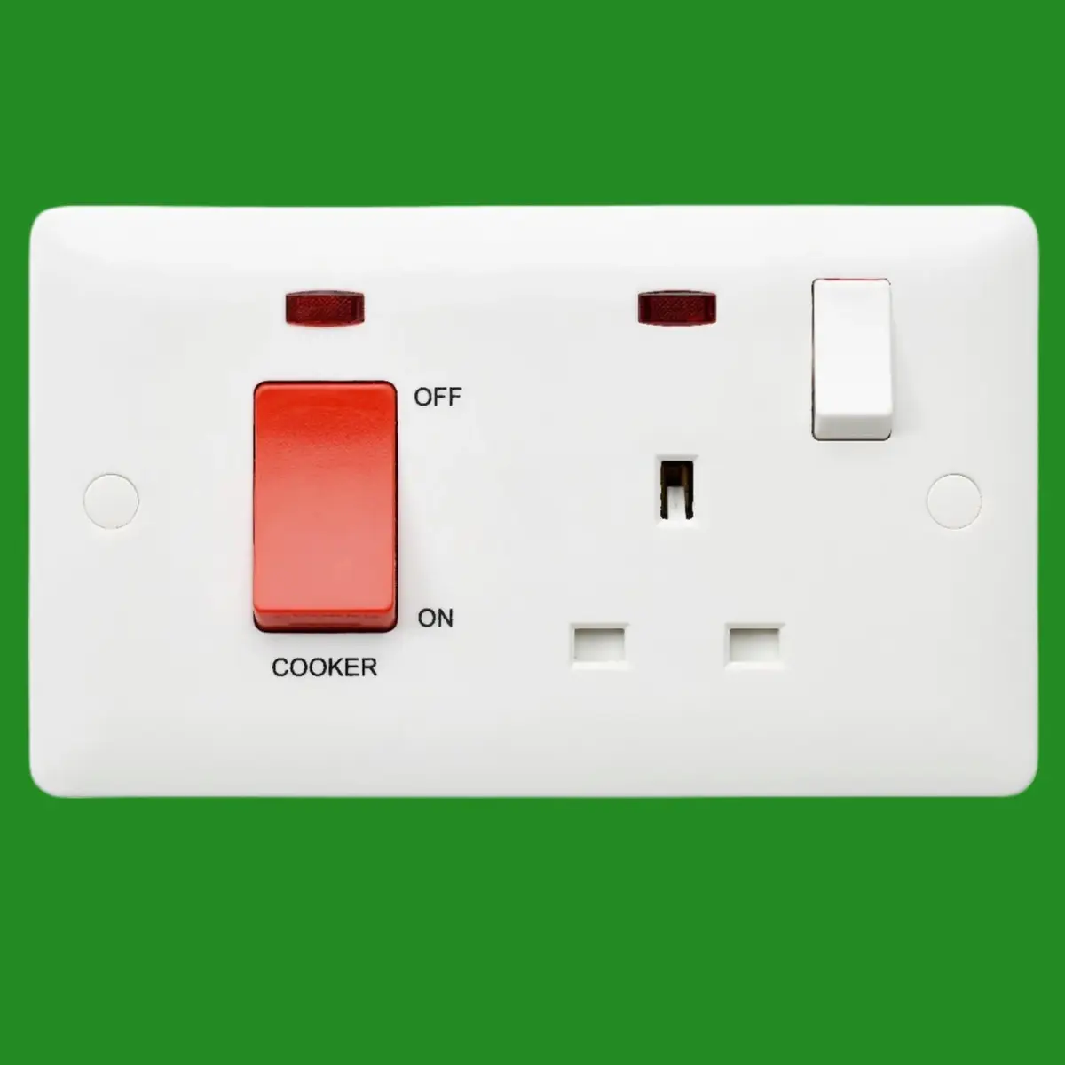 MK 2 Gang, 45A Cooker Control Switch &amp; 13A UK Mains Socket Neon White Round Edge