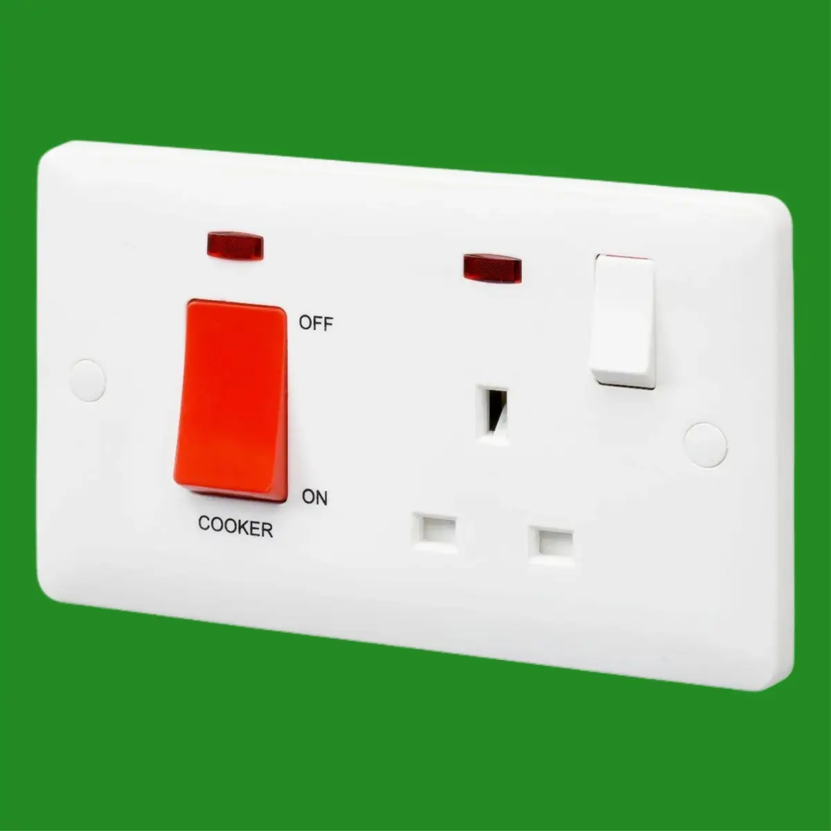 MK 2 Gang, 45A Cooker Control Switch & 13A UK Mains Socket Neon White Round Edge - image 3 | Free standard UK delivery included | Discount Quality Products