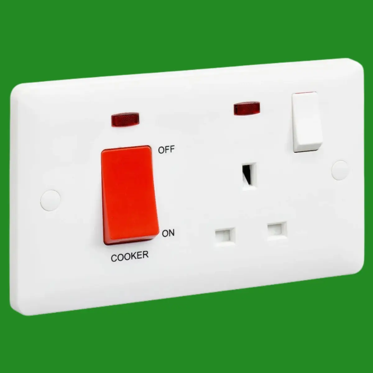 MK 2 Gang, 45A Cooker Control Switch & 13A UK Mains Socket Neon White Round Edge - image 4 | Free standard UK delivery included | Discount Quality Products