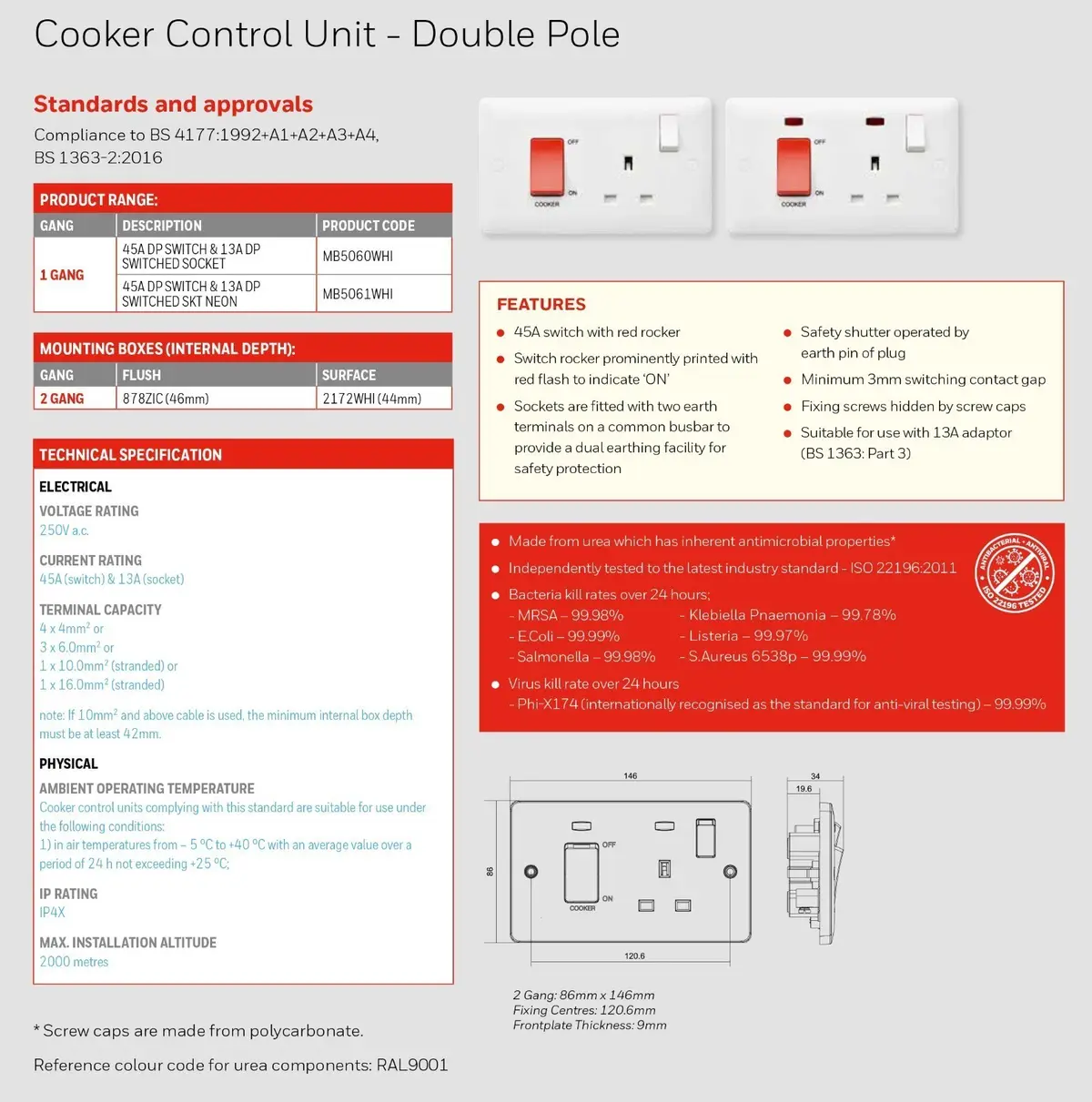 MK 2 Gang, 45A Cooker Control Switch & 13A UK Mains Socket Neon White Round Edge - image 5 | Free standard UK delivery included | Discount Quality Products