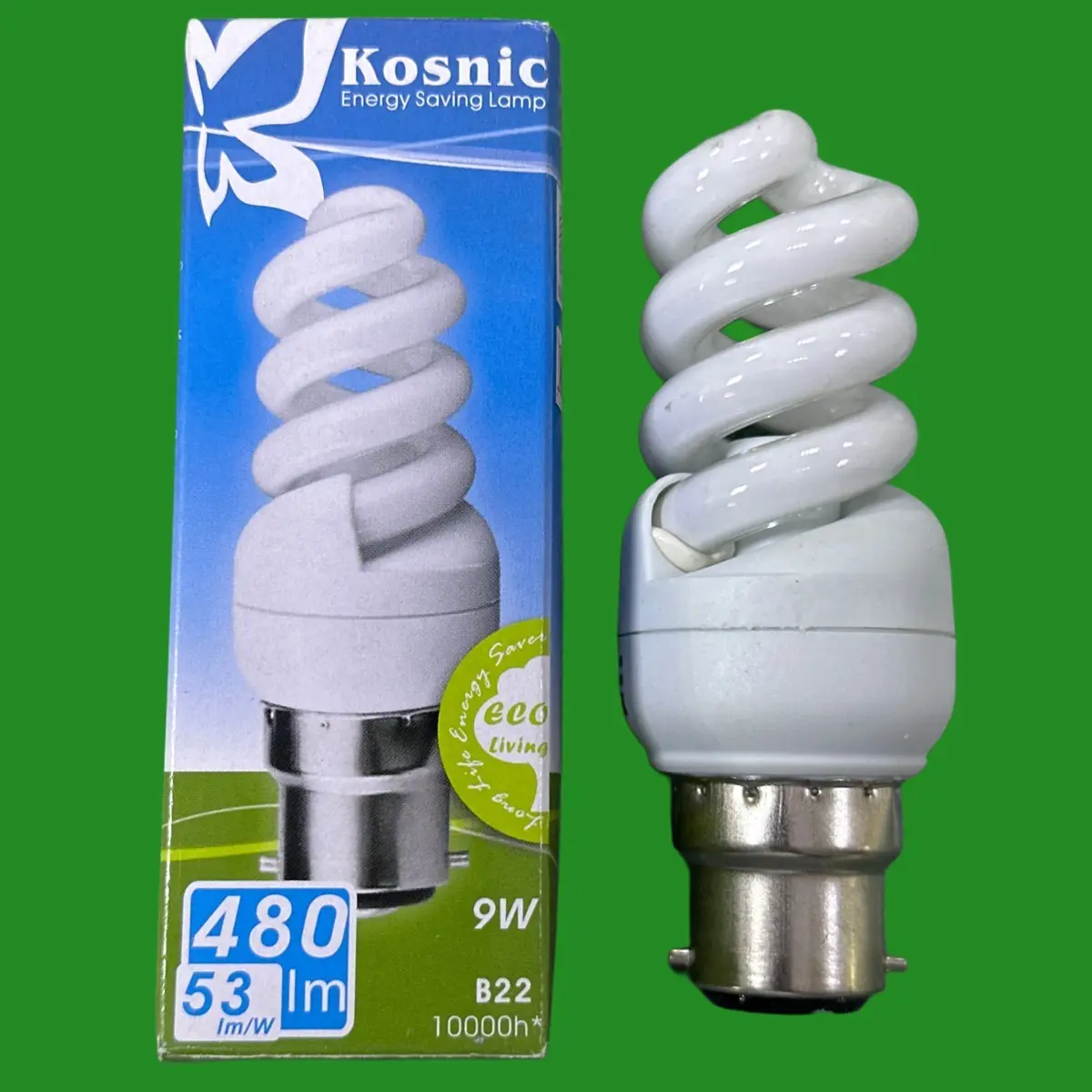 2x 9W (=40W) Kosnic CFL Spiral Light Bulb, Bayonet BC B22, 6500K Daylight Lamp