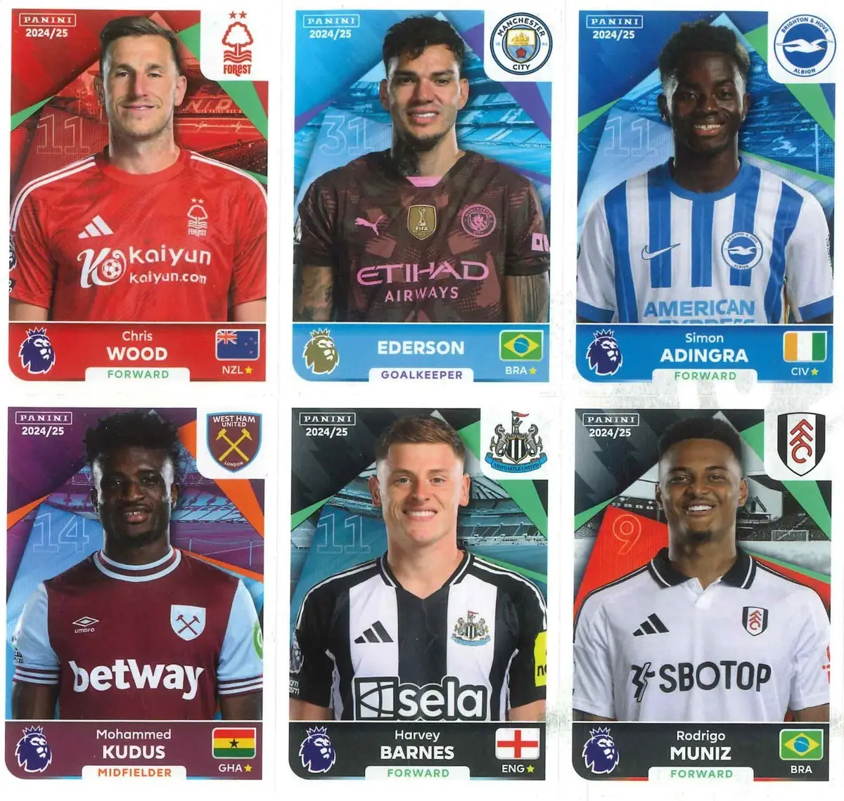 Panini Sheet of 6 Stickers, Football, Soccer, Ederson, Wood, Premier League 2025