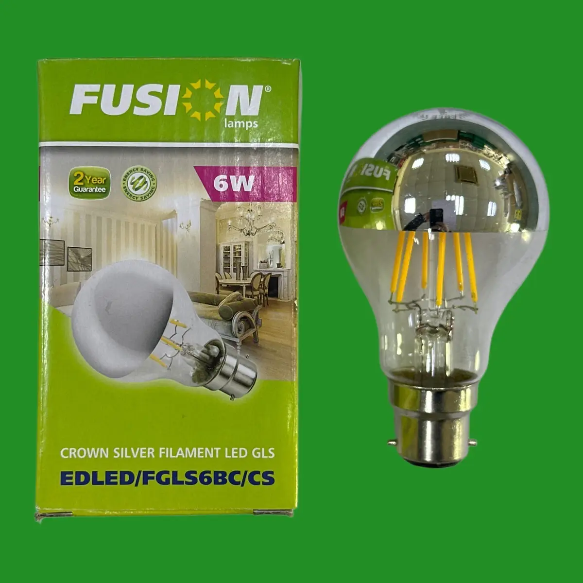 6W (=40W) Fusion Crown Silver LED Filament Mirror Top GLS Light Bulb BC B22 Lamp