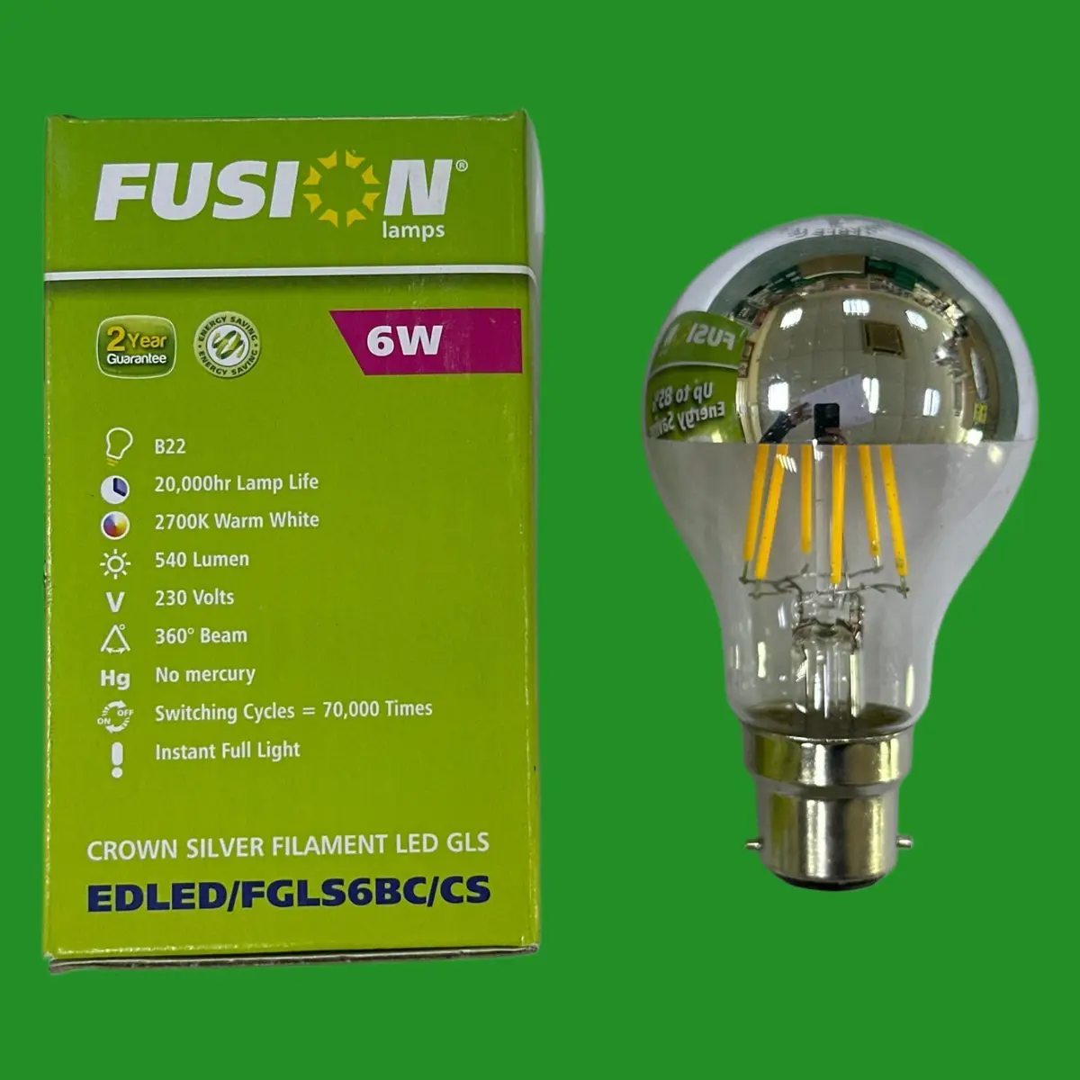 6W (=40W) Fusion Crown Silver LED Filament Mirror Top GLS Light Bulb BC B22 Lamp - image 2 | Free standard UK delivery included | Discount Quality Products