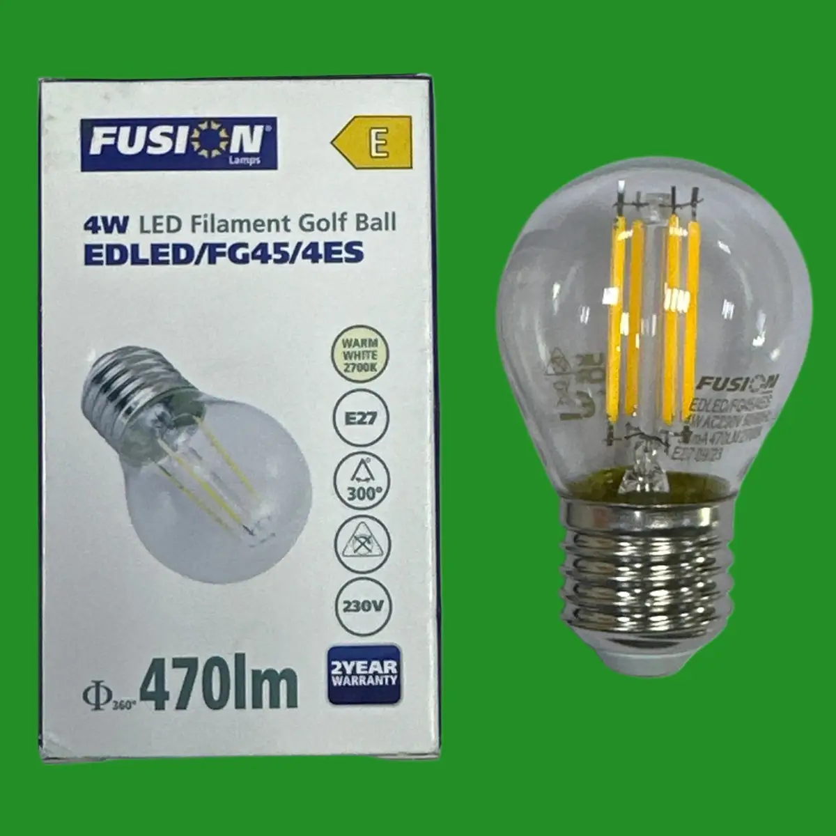 2x 4W (=40W) Fusion Clear LED Filament Round Golf ES E27 Edison Screw Light Bulb