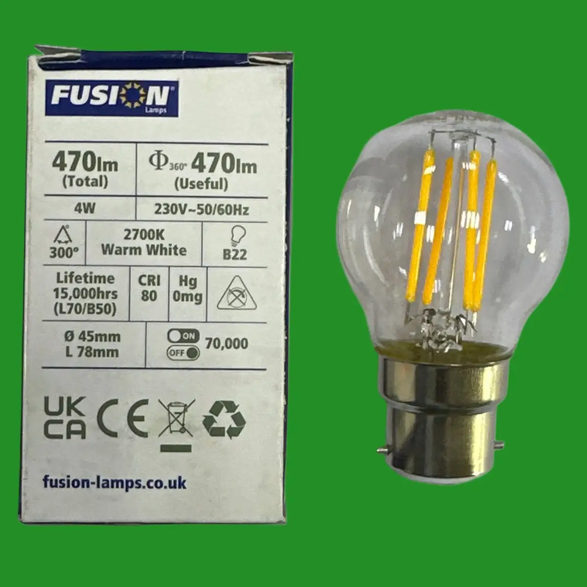 1x 4W (=40W) Fusion LED Filament Round Golf G45 Light Bulbs BC B22 Bayonet 2700K - image 2 | Free standard UK delivery included | Discount Quality Products
