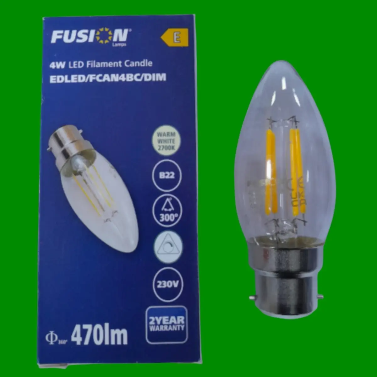 4x 4W (=40W) Fusion Dimmable LED Filament Candle Light Bulb BC B22 Bayonet 2700K