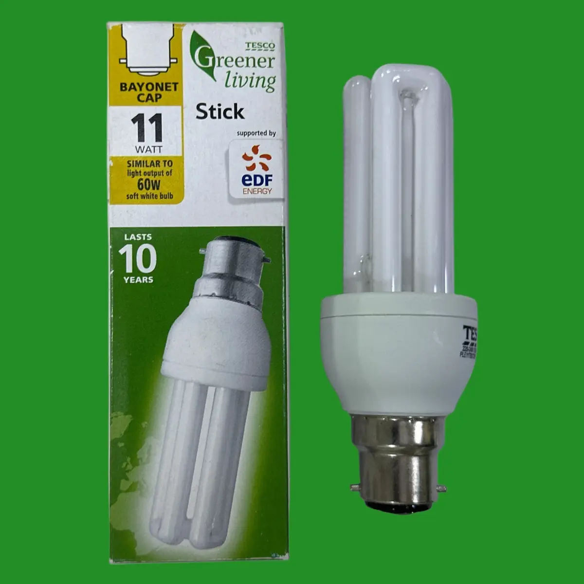1x 11W (=60W) TESCO Low Energy Power Saving CFL Stick Light Bulbs BC B22 Lamp