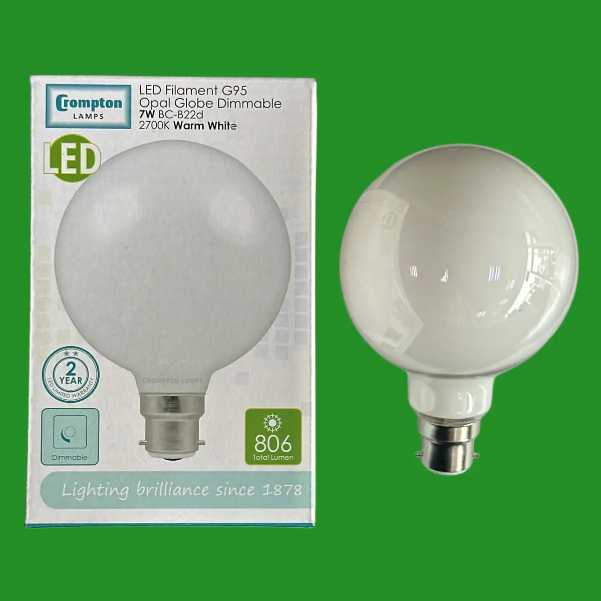 1x 7W =60W Crompton Dimmable LED Filament G95 Light Bulb 95mm Large Globe BC B22