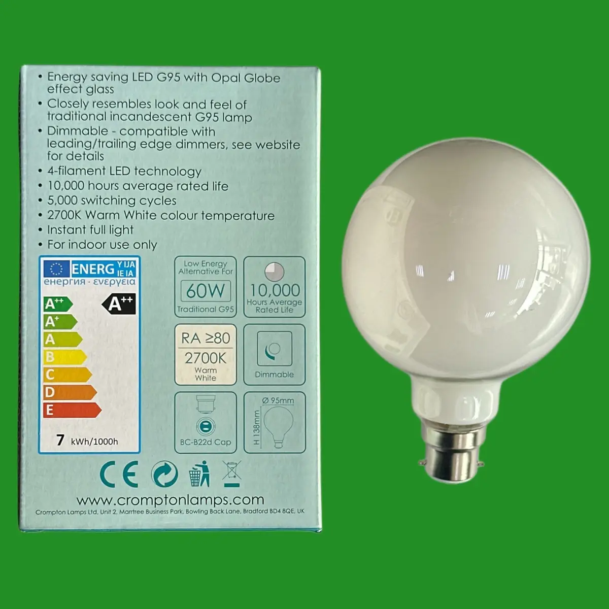 1x 7W =60W Crompton Dimmable LED Filament G95 Light Bulb 95mm Large Globe BC B22 - image 3 | Free standard UK delivery included | Discount Quality Products