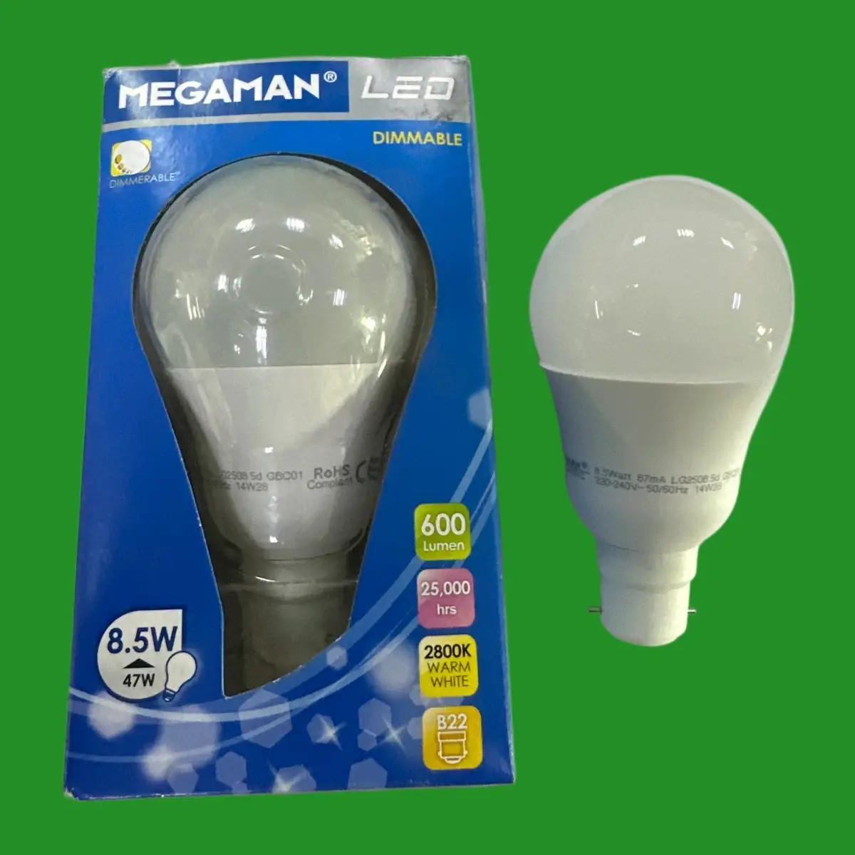 1x 8.5W (=47W) Megaman Dimmable LED GLS Light Bulbs Bayonet BC B22 2800K
