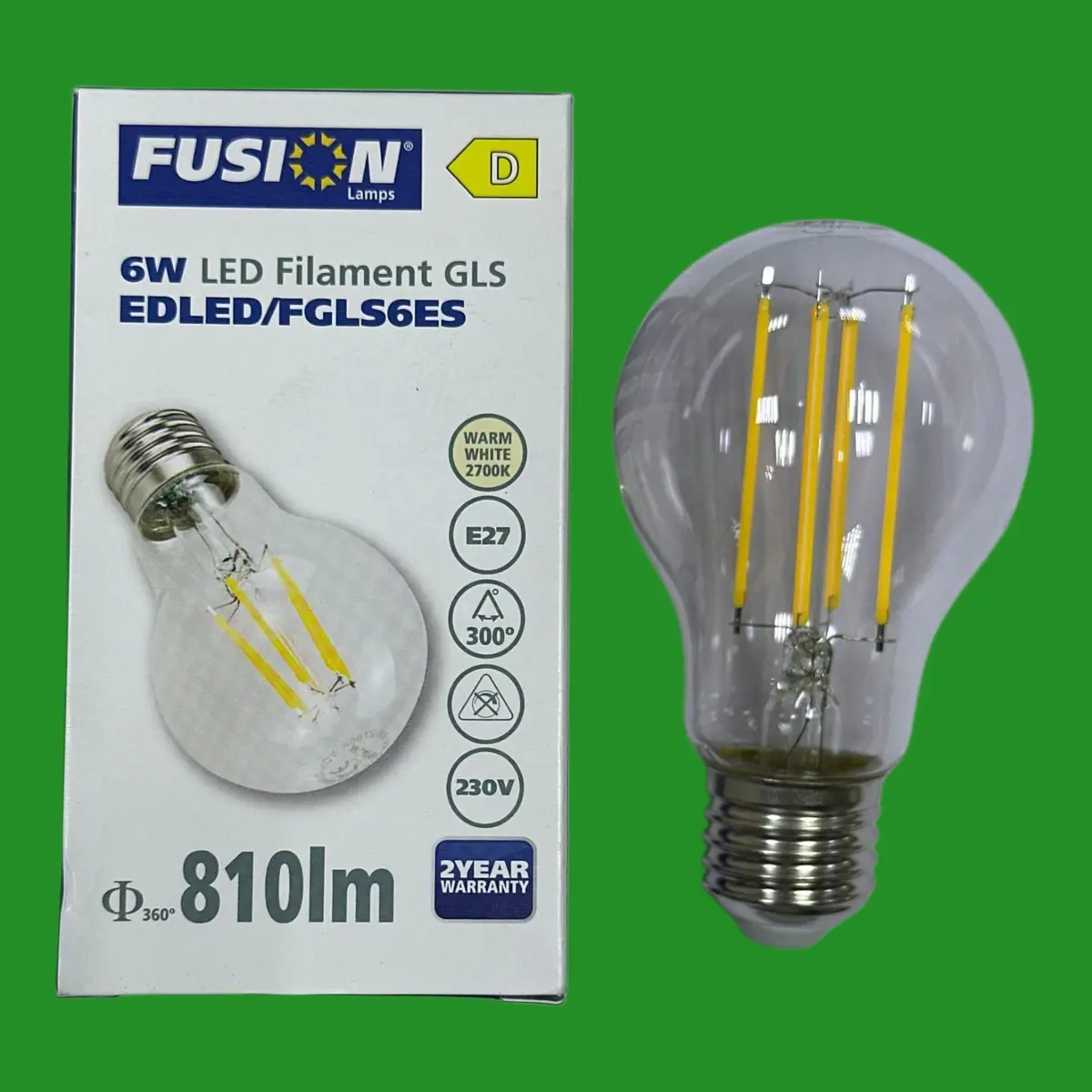 4x 6W (=60W) Fusion Clear LED Filament GLS Light Bulbs ES E27 Edison Screw 2700K
