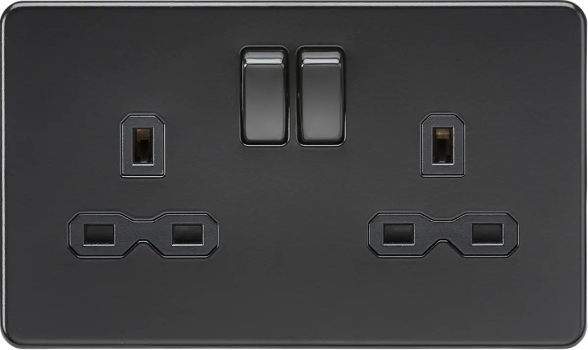 2 Gang 13A Screwless Switched Socket Matt Black Power Socket Outlet Black Insert