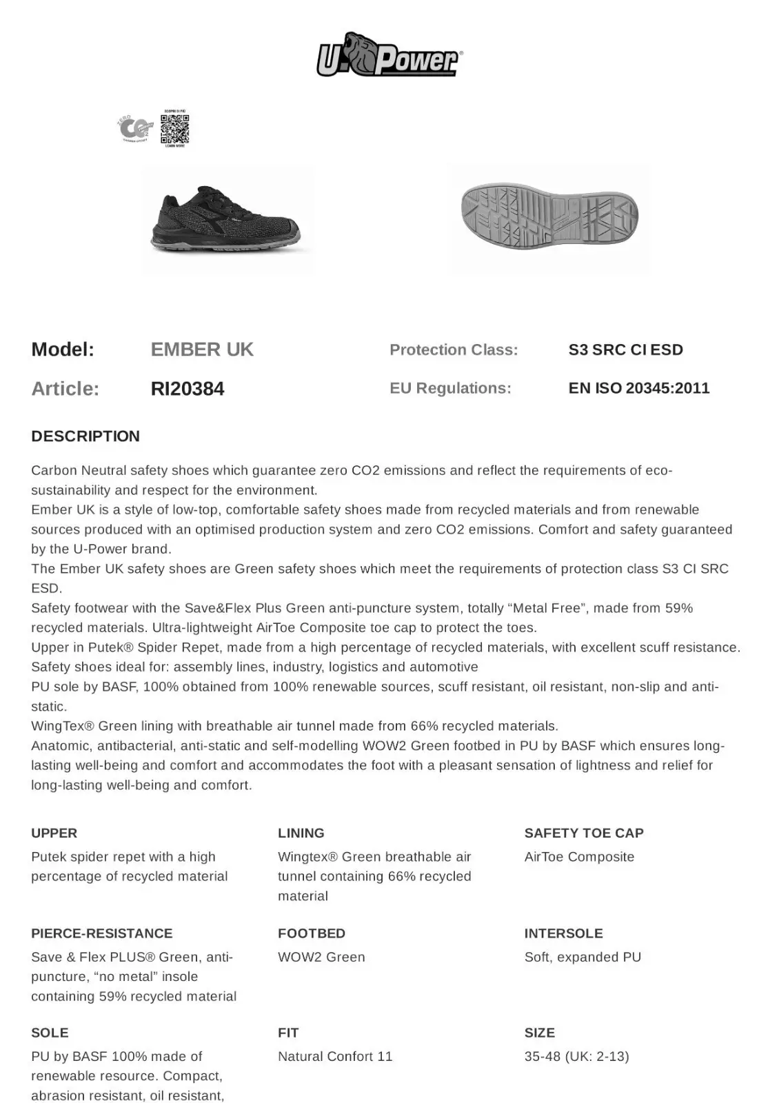 U-Power Ember S3 SR CI ESD Steel Toe Cap Safety Work Shoe Trainers UK 10 R120384 - image 6 | Free standard UK delivery included | Discount Quality Products