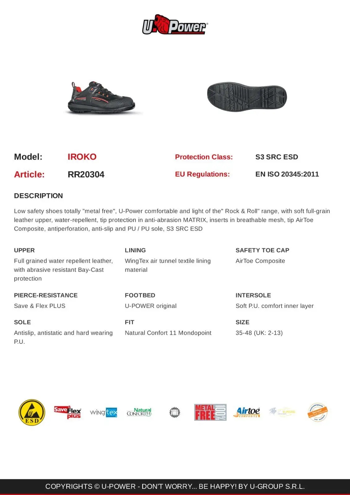U-Power IROKO ESD S3 SRC Metal Free Cap Safety Work Shoe Trainers UK 5 RR20304 - image 11 | Free standard UK delivery included | Discount Quality Products