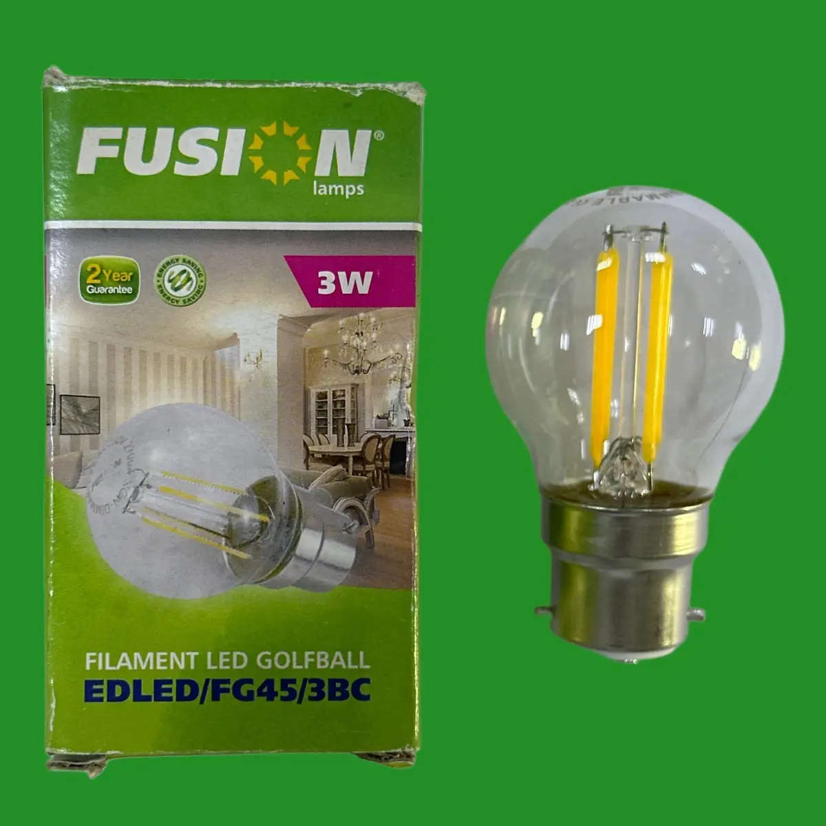 2x 3W (=40W) Fusion LED Filament Round Golf G45 Light Bulbs BC B22 Bayonet 2700K
