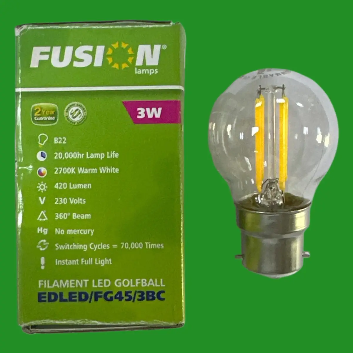 2x 3W (=40W) Fusion LED Filament Round Golf G45 Light Bulbs BC B22 Bayonet 2700K - image 2 | Free standard UK delivery included | Discount Quality Products