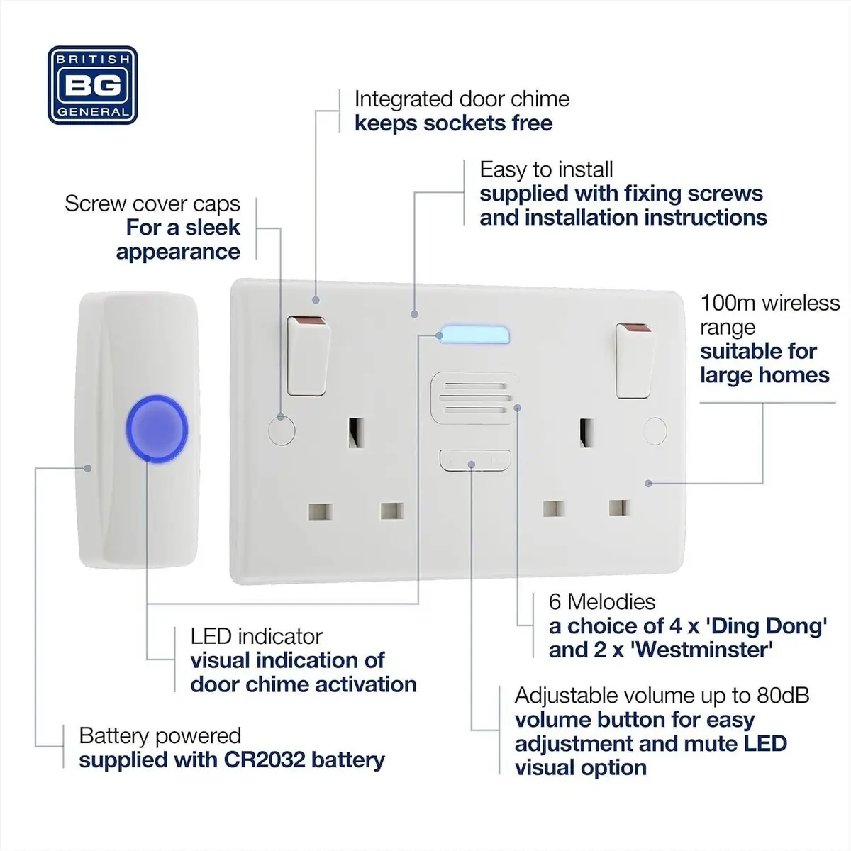 2 Gang Switched Mains Socket 13A with Integrated Chime, Push Button Door Bell BG - image 2 | Free standard UK delivery included | Discount Quality Products