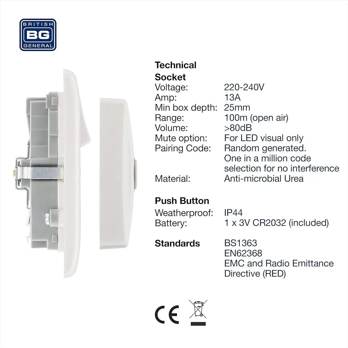 2 Gang Switched Mains Socket 13A with Integrated Chime, Push Button Door Bell BG - image 4 | Free standard UK delivery included | Discount Quality Products