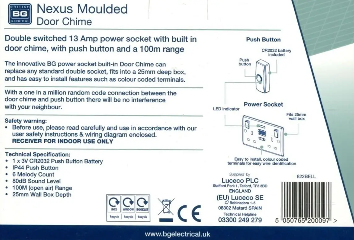 2 Gang Switched Mains Socket 13A with Integrated Chime, Push Button Door Bell BG - image 6 | Free standard UK delivery included | Discount Quality Products