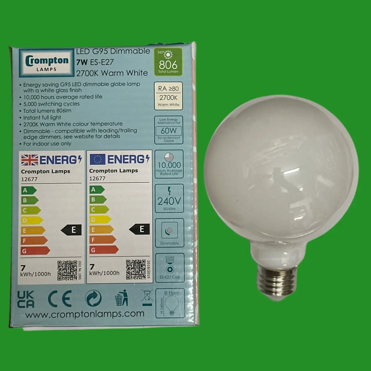 1x 7W =60W Crompton Dimmable LED G95 Light Bulb 95mm Large Globe ES E27 Screw - image 3 | Free standard UK delivery included | Discount Quality Products