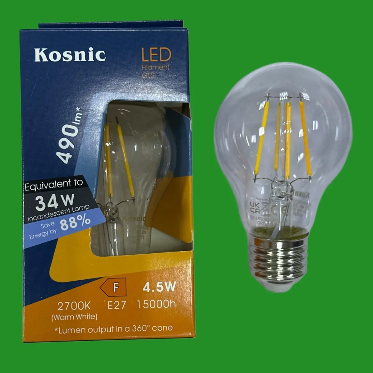 2x 4.5W Kosnic Clear LED Filament GLS Light Bulbs ES E27 Edison Screw 2700K