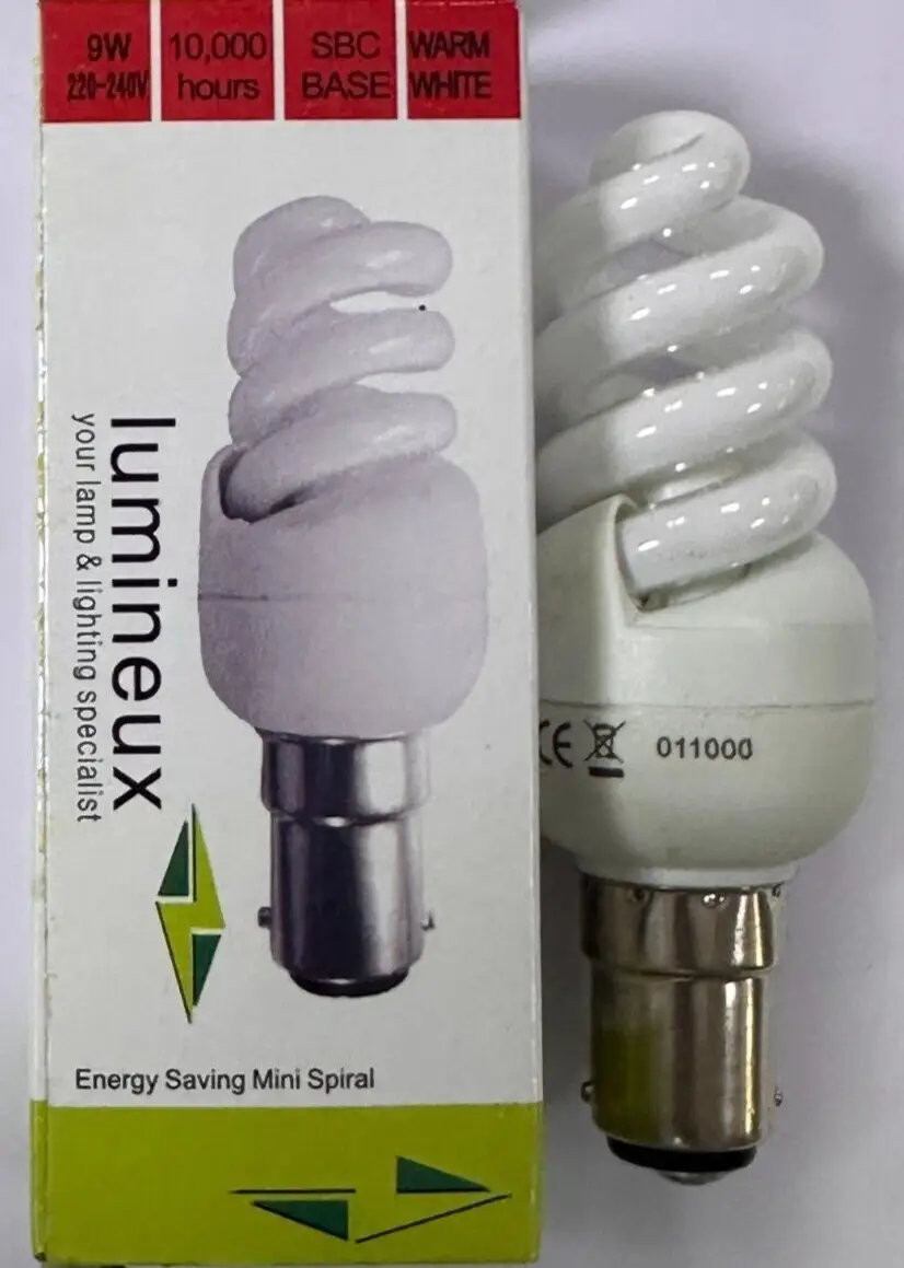 9W (=40W) CFL Mini Spiral Low Energy  Light Bulb SBC B15 2700K Warm White Lamp