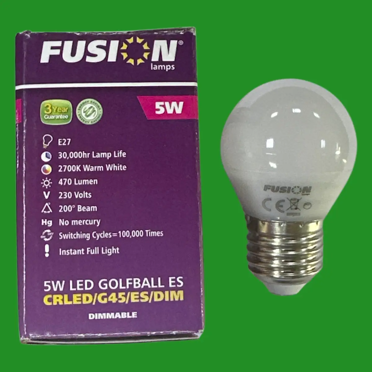 2x 5W (=40W) Fusion Dimmable LED Round Golf G45 Light Bulbs 2700K ES E27 Screw - image 2 | Free standard UK delivery included | Discount Quality Products