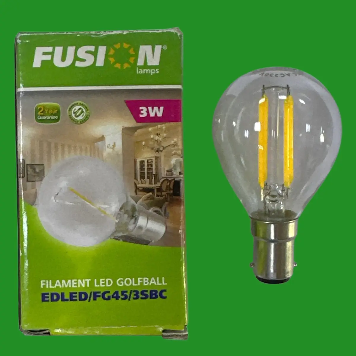 2x 3W =40W Fusion Clear LED Filament G45 Round Golf Light Bulbs SBC B15 2700K
