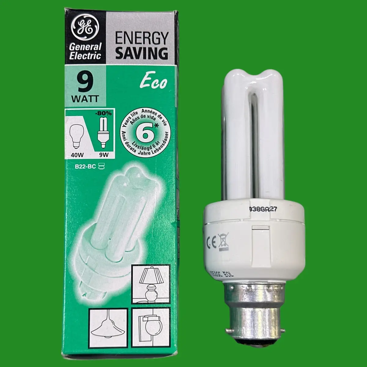9W (=40W) GE CFL Stick Light Bulb Low Energy Power Saving 2700K BC B22 Lamp