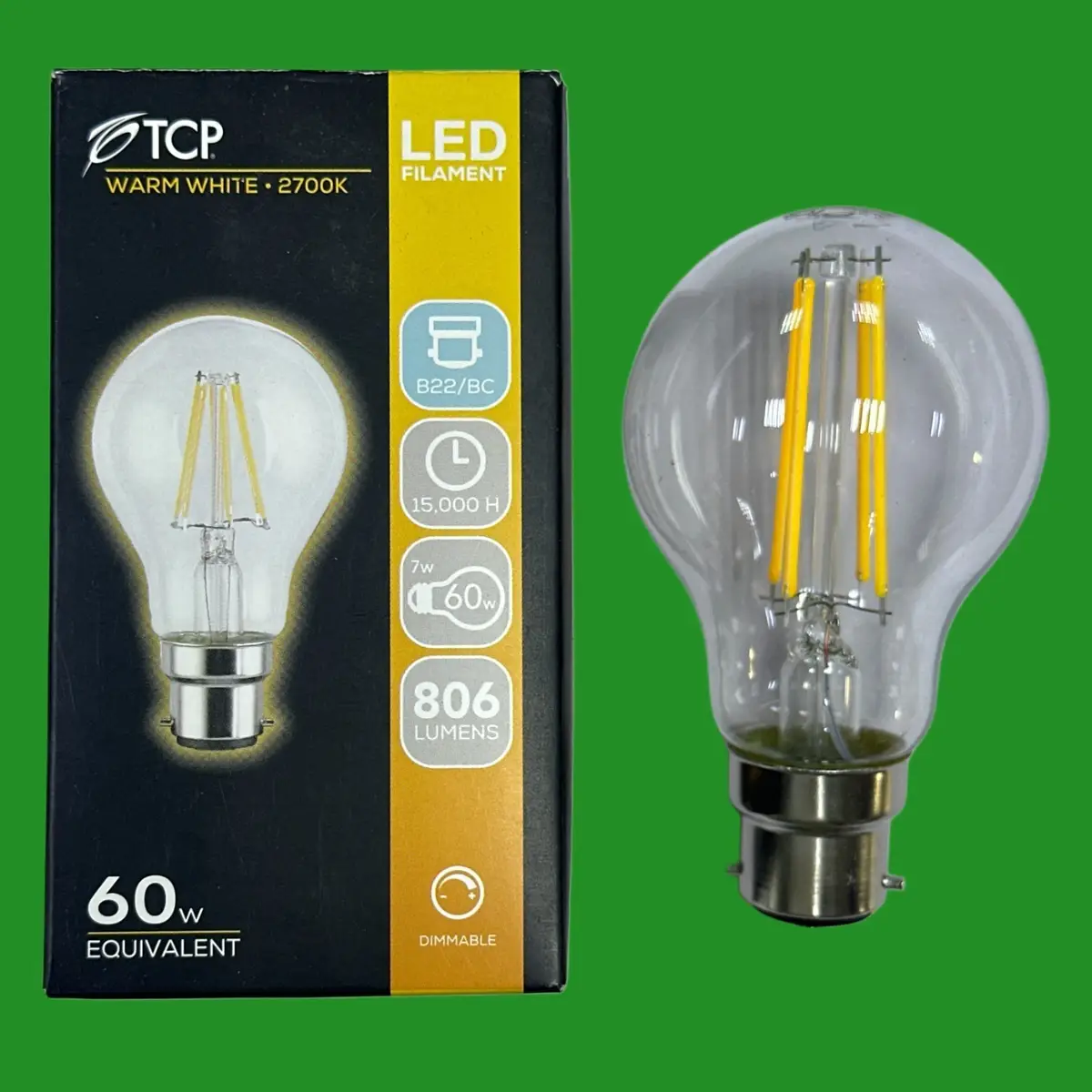 2x 7W (=60W) TCP Dimmable Clear Filament LED GLS Light Bulbs BC B22 2700K Lamp