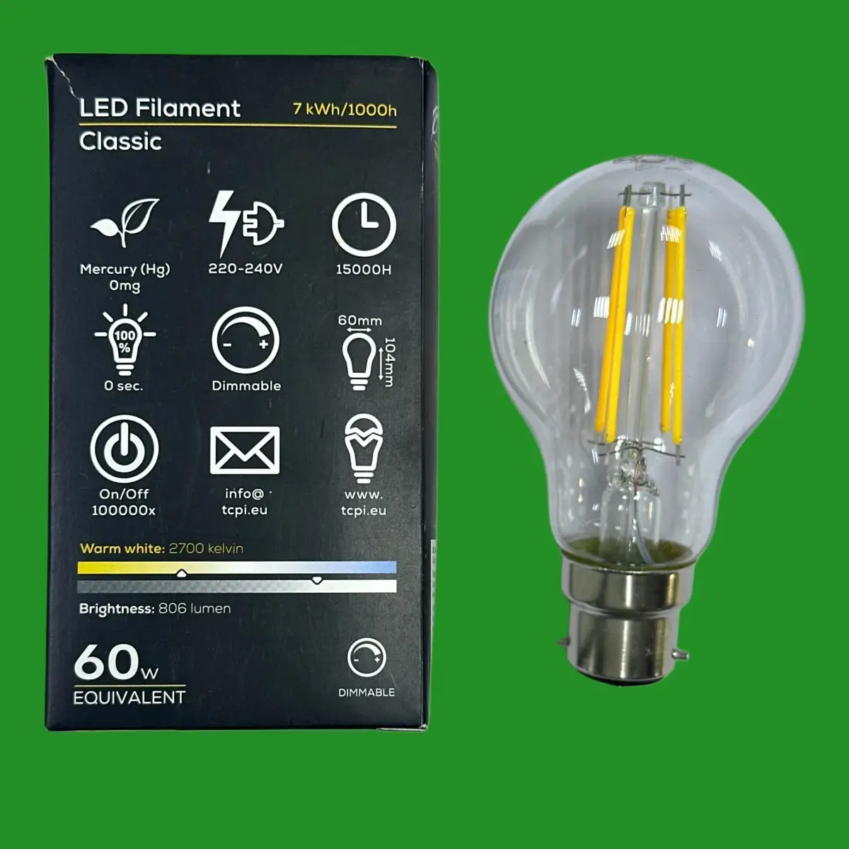 2x 7W (=60W) TCP Dimmable Clear Filament LED GLS Light Bulbs BC B22 2700K Lamp - image 2 | Free standard UK delivery included | Discount Quality Products