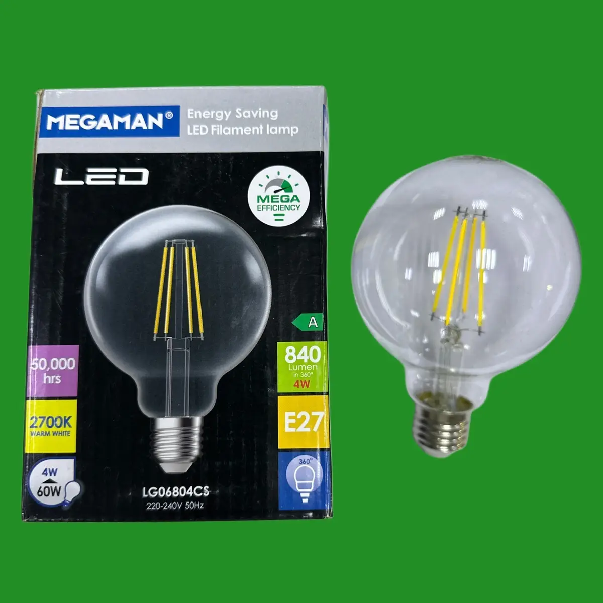 1x 4W (=60W) Megaman G95 Clear LED Filament 95mm Large Globe ES E27 Light Bulb