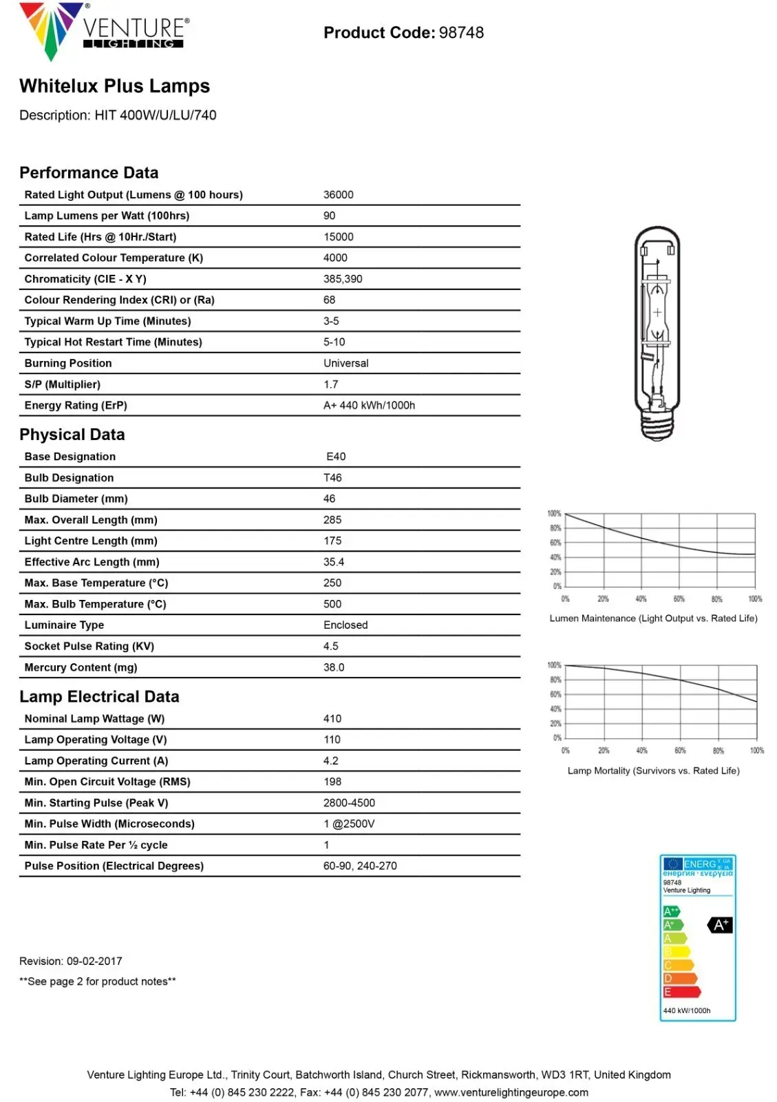 400W Venture MHL Metal Halide 98748 White Lux 4000K Tube Light Bulb GES E40 - image 4 | Free standard UK delivery included | Discount Quality Products