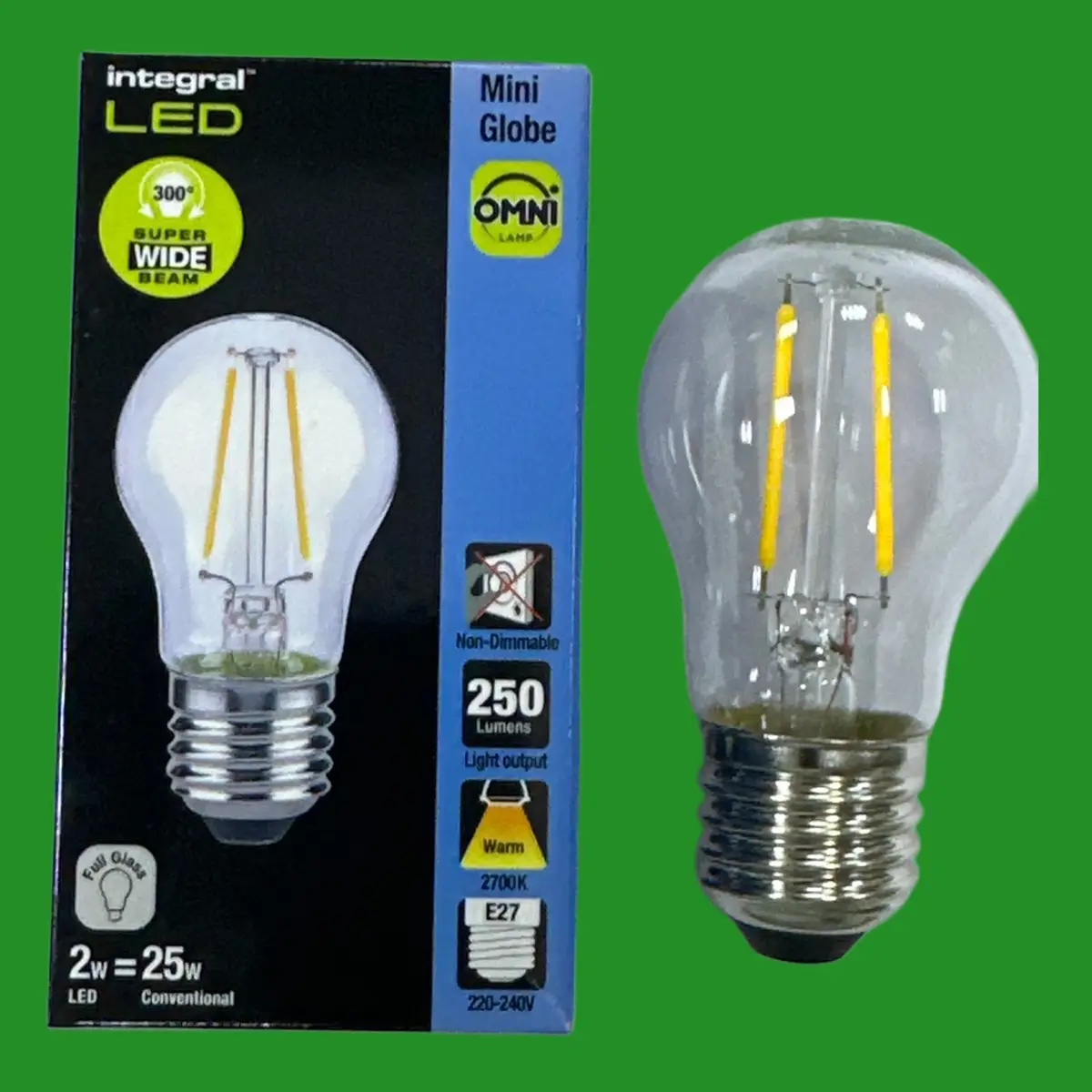 4x 2W (=25W) Integral Clear LED Filament Mini Globe Light Bulbs ES E27 Screw