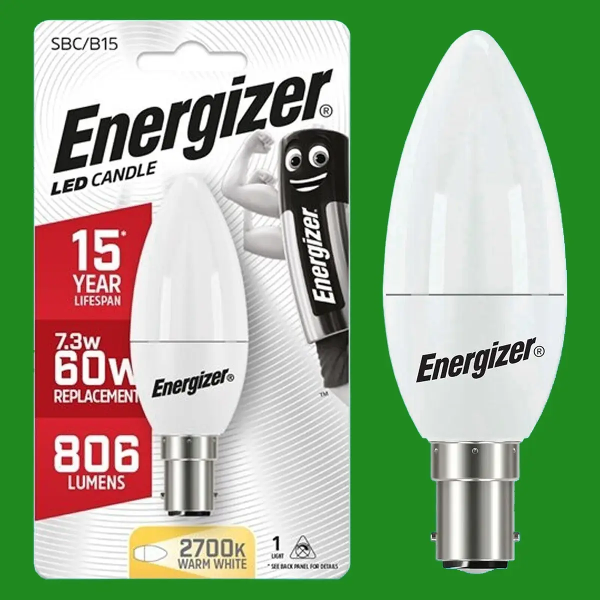 4x 7.3W (=60W) Energizer LED Candle Light Bulbs SBC B15 Warm White 2700K Lamp