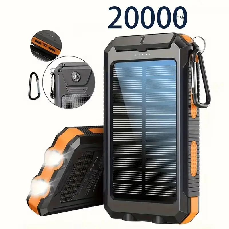 20000mAh Solar Power Bank, Portable Charger, Flashlight, Compass Camping Outdoor