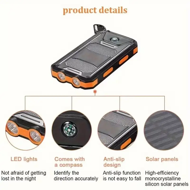 20000mAh Solar Power Bank, Portable Charger, Flashlight, Compass Camping Outdoor - image 3 | Free standard UK delivery included | Discount Quality Products