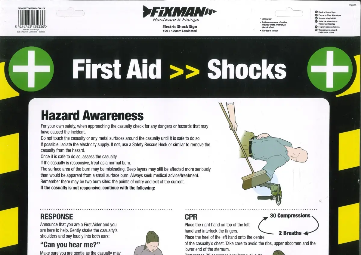Fixman Electric Shock First Aid, Hazard, CPR, Sign Poster 590 x 420mm Laminated - image 2 | Free standard UK delivery included | Discount Quality Products