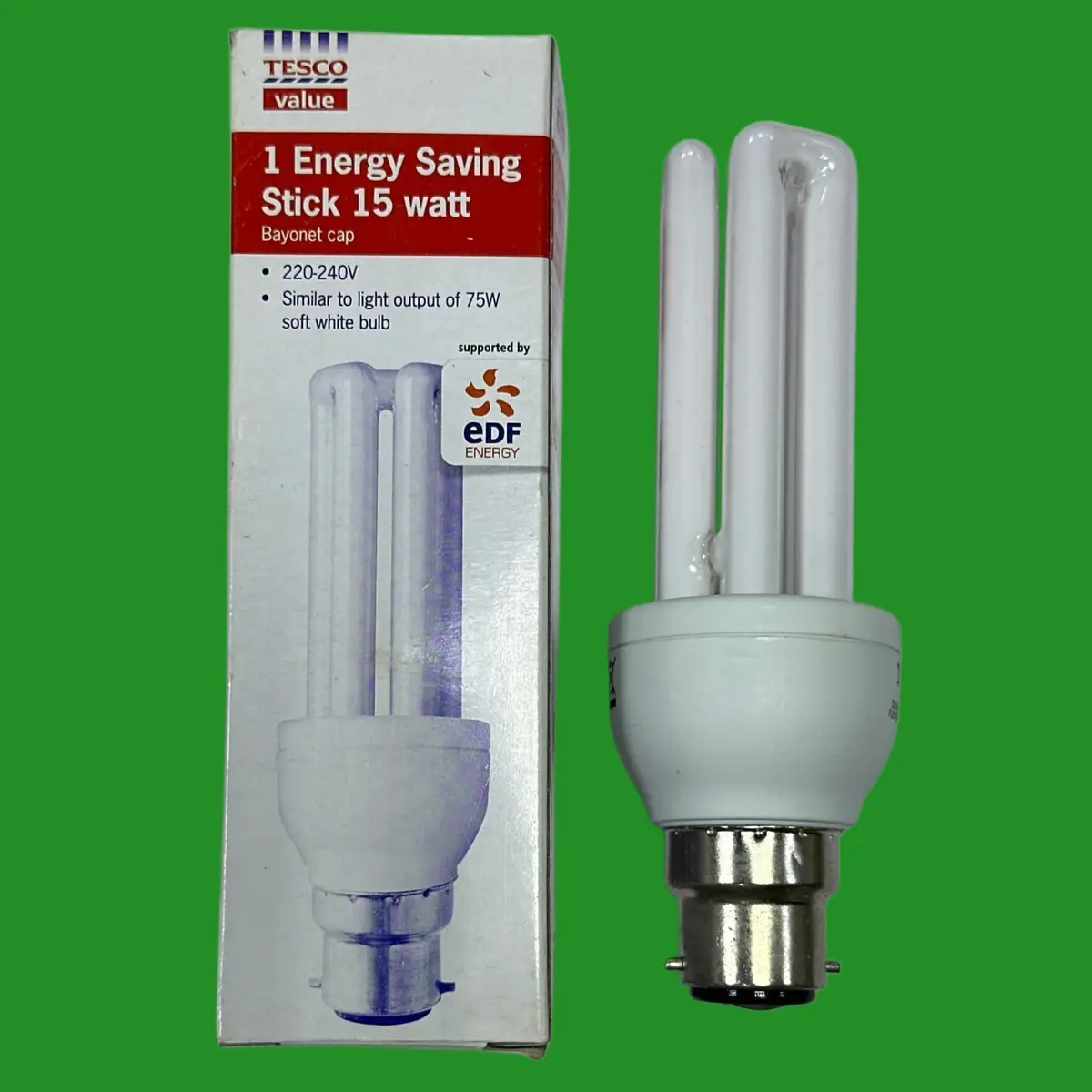 2x 15W (=75W) Tesco CFL Stick Low Energy Power Saving Light Bulbs B22 BC 2700K