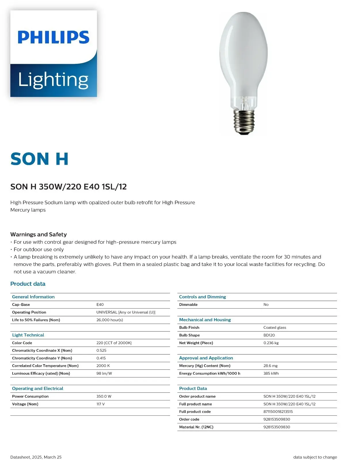 350W Philips Powertone High Pressure Sodium SON-H Elliptical Light Bulb GES E40 - image 3 | Free standard UK delivery included | Discount Quality Products