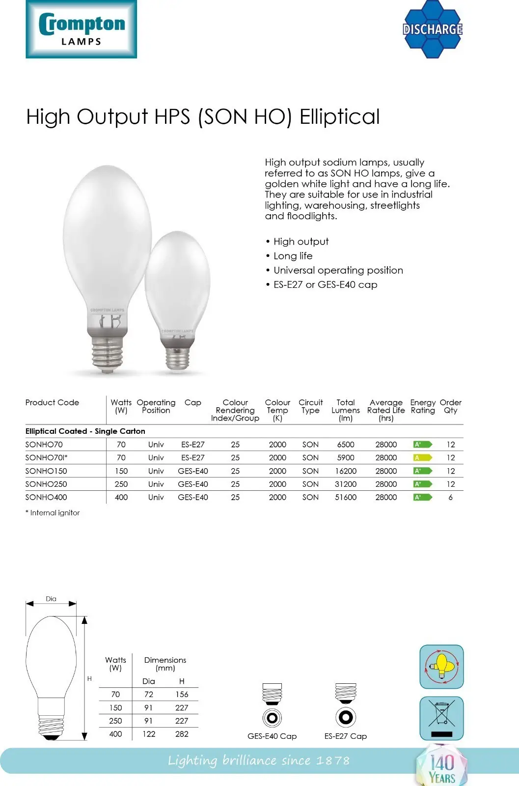 250W Crompton HPS High Pressure Sodium SON HO Elliptical Light Bulb Lamp GES E40 - image 3 | Free standard UK delivery included | Discount Quality Products